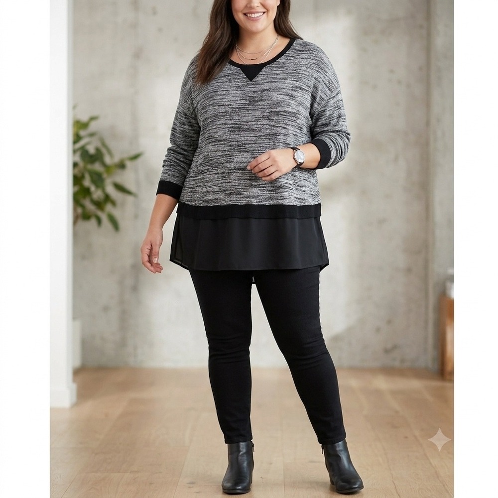 Calvin Klein Mixed Media Top Womens 2X Black Gray Space Dye Layered Split Back